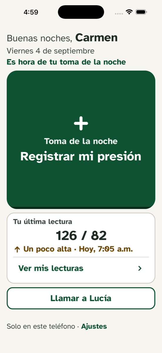 Pantalla de inicio de Mi Presión: un botón verde grande que dice Registrar mi presión, y debajo la última lectura, 126 sobre 82, un poco alta.